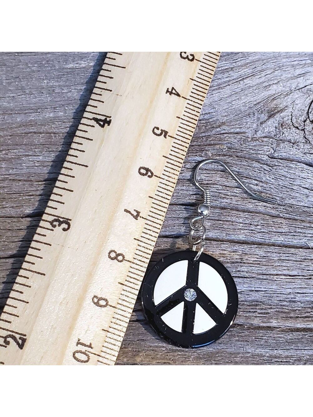 Vintage Y2K White Black Lucite Austrian Crystal Round Peace Sign Earrings - Picture 4 of 9